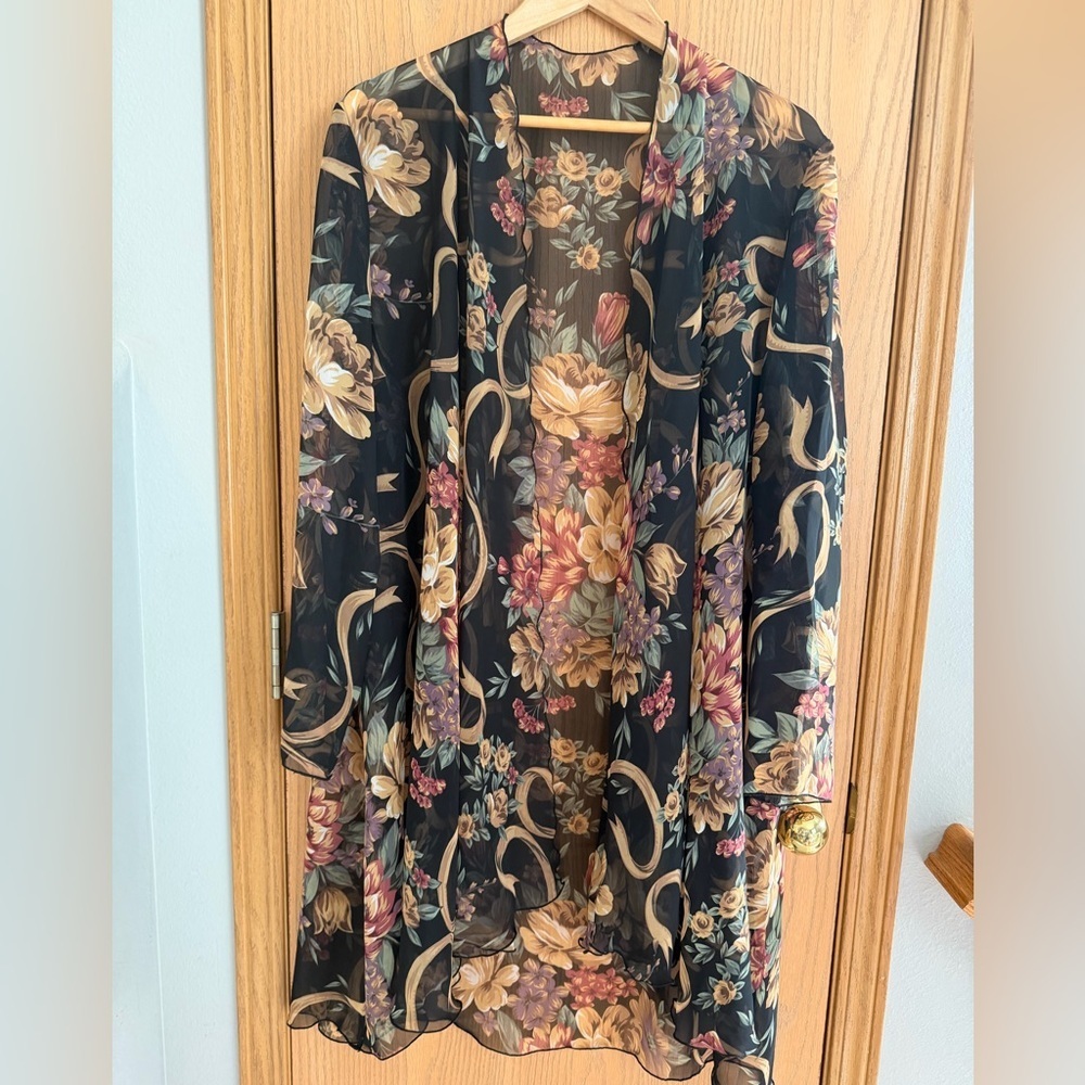 Vintage Boho Cottagecore Romantic Floral Print Sheer Kimono DusterCardigan Sz 18